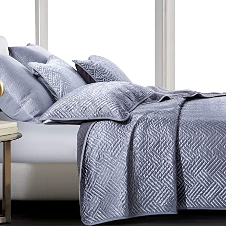 NTBAY Satin Quilt Coverlet Bed Set, 3 Piece Geometric Pattern Quilted Bedspread, King, Grey