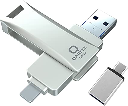 【360° Rotation】 Photo Stick for iPhone, Qarfee 128GB Thumb Drive USB 3.0 Memory Stick Photosticks for Pictures, Universal OTG USB Flash Drive Compatible with iPhone/iMac/iPad/Android/Computer (silver)