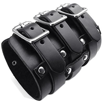 KONOV Wide Genuine Leather Men's Bangle Cuff Bracelet, Punk Rock, Fits 7.5" to 9", Black