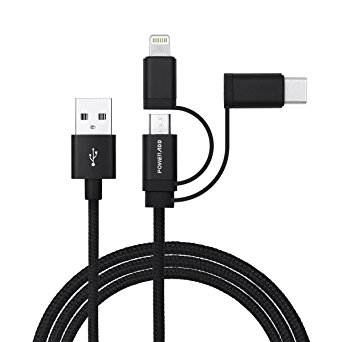 Poweradd 3 in 1 USB Data Cable, Lightning Cable Micro USB Cable, USB-C Type C Cable Multi Charging Cable Charging Cord for iPhone7 7 Plus 6s 6s Plus 6 6 Plus 5s 5, iPad, iPod, Samsung S8 S7 S6 S5, Nintendo Switch-3.3 Feet/1m(Black)