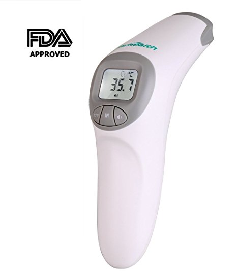 Firhealth Non Contact Infrared Digital Forehead Thermometer for Baby, Adult and Elderly - 20 Memory Recall- Fever Alarm, CE and FDA Approved(Grey)