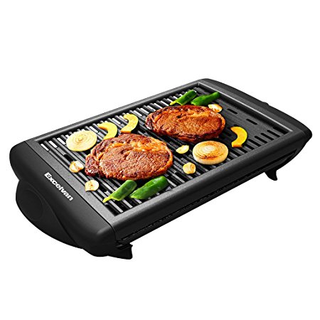 Excelvan Electric Grill Indoor Barbecue with Large Easy Cleanup Cooking Surface and Thermostat Drip Tray,1400W, (Black,L)