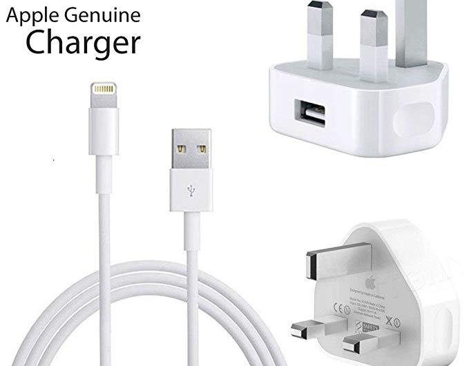 Fone-Stuff Genuine Apple 3 Pin UK USB Charger and Genuine Apple Lightning USB Cable for iPhone X, 8, 7, 6S, 6, 8 Plus, 7 Plus, 6S Plus, 5S, 5, SE, 5C, iPad Pro Air, iPad with TFS Zip Lock Travel Bag
