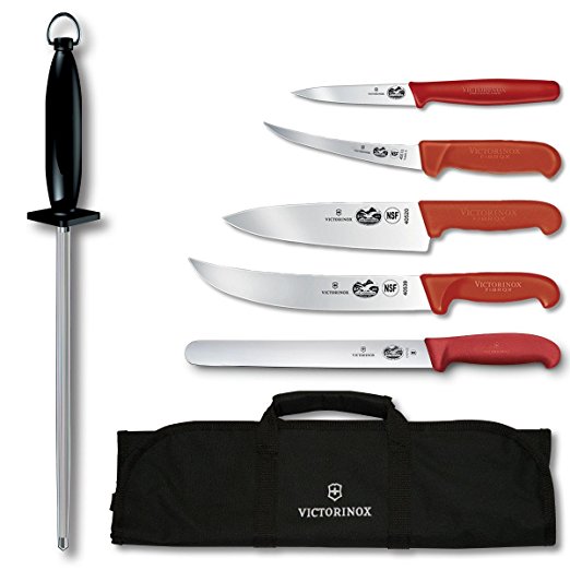 Victorinox Swiss Army 7-Piece Master Competition BBQ Set with Red Fibrox Pro Handles and Knife Roll