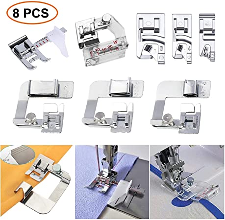 Sewing Machine Feet 3Pcs Rolled Hem Pressure Foot,3Pcs Narrow Rolled Hem Presser Feet & Adjustable Guide Presser Foot, Bias Binder Foot Compatible with Brother, Singer, Janome (8)