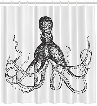 Octopus Shower Curtain Nautical Decor by Ambesonne, Octopus Print Kraken in Ocean Theme Sea Creatures Print Fabric Art Painting Design Home Decor Bathroom Accessories Gray and White Shower Curtain