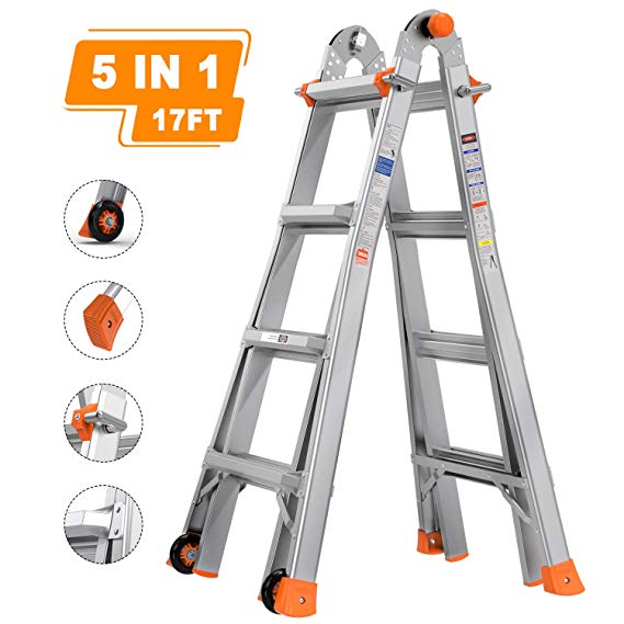 TACKLIFE Extension Ladder, Multi-Use Ladder, 17 Feet Aluminum Telescoping Ladder with 2 Flexible Wheels, Safe Protective Switch, Non-Slip Rubber Feet, 300lb Capacity - LD01A