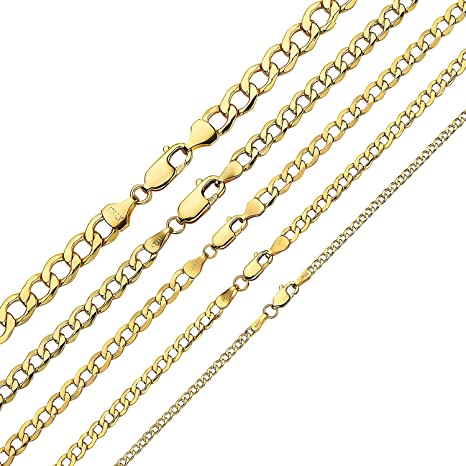 Pori Jewelers 10K Gold 2.3MM, 3.5MM, 5MM, 6.5MM, 7.5MM Hollow Curb/Cuban Chain Bracelet and Necklace- Yellow White Or Rose