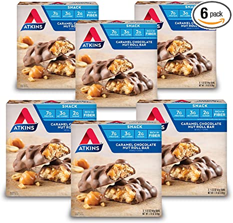 Atkins Snack Bar, Caramel Chocolate Nut Roll, Keto Friendly, 30 Count (Pack of 6)