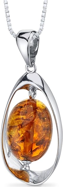 Peora Genuine Baltic Amber Pendant Necklace and Earrings in Sterling Silver, Floating Oval Shape, Rich Cognac Color
