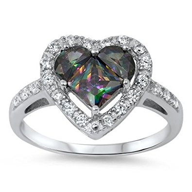 Sterling Silver Simulated Mystic Rainbow Topaz Heart Halo Ring (Size 5 - 10)