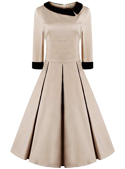 REORIA Women's 50s Style 3/4 Sleeve Rockabilly Pinup Vintage Dress (Premium)
