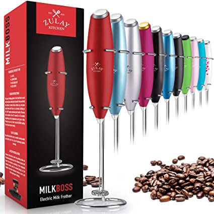 Zulay Original Milk Frother Handheld Foam Maker for Lattes - Whisk Drink Mixer for Bulletproof Coffee, Mini Foamer for Cappuccino, Frappe, Matcha, Hot Chocolate by Milk Boss (Ruby Red)