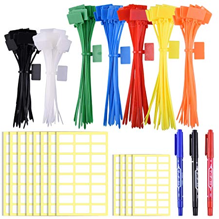 SIQUK 160 Pieces Zip Tie Tags Colorful Zip Tie Labels in 4/6 Inches Self-Locking Cable Tie Marker with 288 Pcs White Labels and 3 Pcs Marker for Cable, Wire and Cord Management
