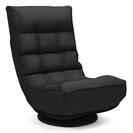 COSTWAY Folding Sofa Chair - 360 Degree Swivel, 4-Position Adjustable Lazy High-Back Chair with Removable Base Cover, Comfortable Sponge Seat, Steel Frame, Built-in Spring Mechanism (Black 1)