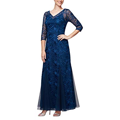 Alex Evenings Womens 117725 Long Embroidered Sheer V-Neck Fit and Flare Dress 3/4 Sleeve Special Occasion Dress - Blue