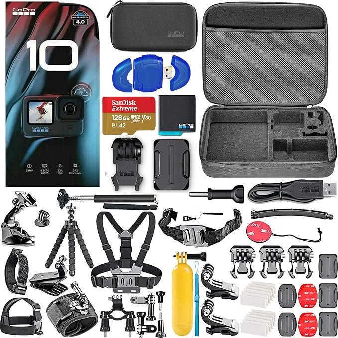 GoPro HERO10 Black - Waterproof 5.3K HD Action Camera with 23MP Photos, Live Streaming   128GB Memory Card Bundle (59 Items)