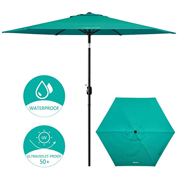 MOVTOTOP Patio Umbrella 9ft Outdoor Table Umbrella with Crank and Ventilation Weatherproof Cover, Tilt Thickened Pole and UV Protection, 6 Ribs for Pool, Porch, Outside Spaces - Turquoise