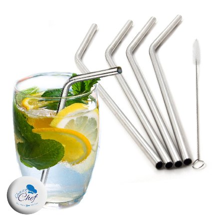 Stainless Steel Straws Set of 4, Free Cleaning Brush Included Strongest Metal Reusable Eco Friendly Drinking Straws by Chuzy Chef®