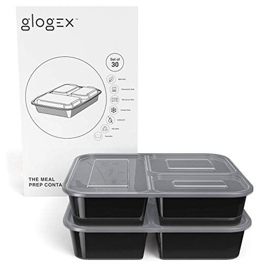Glogex the Meal Prep Containers 3 Compartment Bento Box (Set Of 30) - Leakproof - Reusable - Microwave, Dishwasher, Freezer Safe - BPA-free
