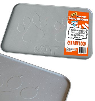 iPrimio Large Cat Feeding Mat with Paw Logo. Premium FDA Silicone (Gray - 22" X 14") Perfect Size. Hygienic and Safe for Allergic Cats. Dishwasher Safe. Aniti Spill Edge. No Slip.