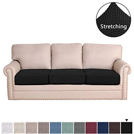 H.VERSAILTEX Super Stretch Stylish Cushions Covers/Furniture Cover Spandex Jacquard Small Checked Pattern Super Soft Slipcover Washable Individual (3-Piece Sofa Cushion Large Size, Black)