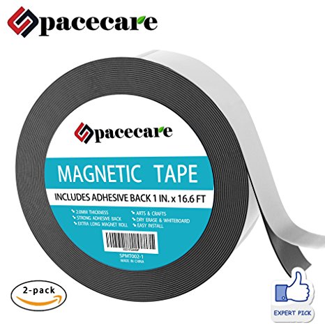SPACECARE Magnetic Tape 1" x 16.6 Feet Incredibly Strong & Flexible - Peel & Stick Adhesive Backing - Easy to Cut - Strong Magnet Flux - Set of 2