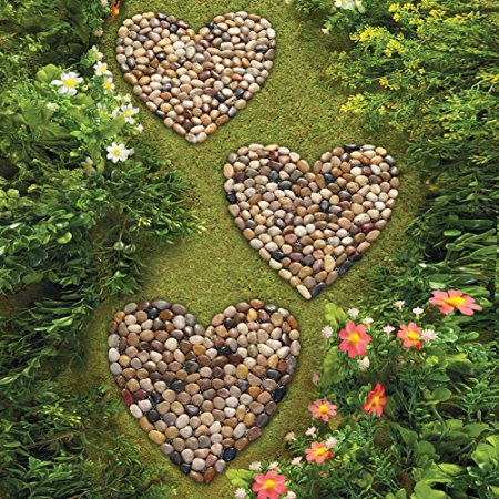 Set of 3 Heart Shaped Stepping Stone Pebble Garden Yard Steppingstone Limestone Mat