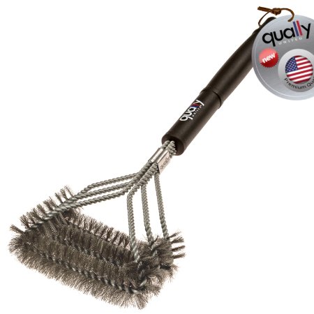 Qually United® - The Best 2016 Edition 17" BBQ Grill Brush with 3 Stainless Steel Brushes in 1 - Universal and Perfectly Angled, this Barbecue Grill Brush is a Must-Have Tool for All Barbecue Lovers