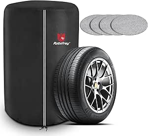 Rosefray Tire Cover Outdoor with 4 Felt Pads 420D Waterproof 4 Tire Storage for Minivan Car SUV RV 15-22"(diameter 21"-33")-Black/S