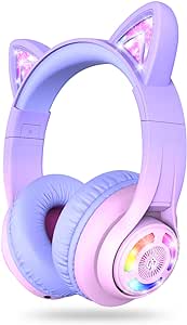 iClever Cat Ear Kids Bluetooth Headphones, LED Lights Up, 74/85/94dB Volume Limited, 50H Playtime,Bluetooth 5.2, USB C, Kids Headphones Wireless for Travel iPad Tablet, Meow Macaron-Gradient Pink