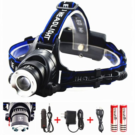 Benran Waterproof LED Headlamp Headlight Rechargeable Head Flashlight Lamp with Xm-l T6 3 Modes Outdoor Sports Hiking Camping Riding Fishing Hunting (Single lamp)