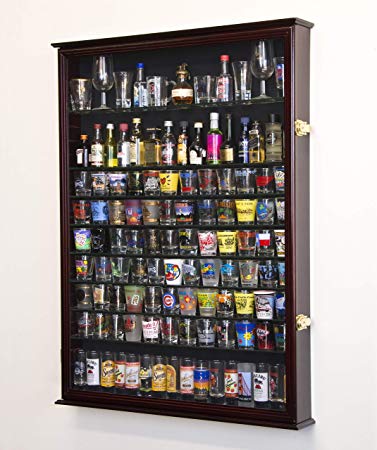 XL Shot Glass Display Case Rack Holder Cabinet for Tall Shooter and Mini Liquor Bottle -Cherry