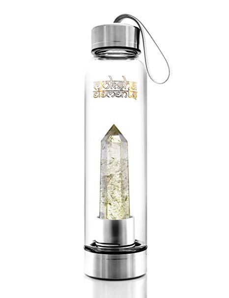 MOKSHA ELEMENTS Chakra Alignment Crystal Infused Water Bottles Including Gem Stones- Shatter Resistant - Removable Crystal- Glass and Stainless Steel (550ml/18oz)