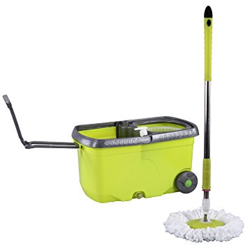 Evana Best Spin Mop With Wheels & Hand Carry Foldable Extendable Handle & Bucket System, Deluxe 360 Degree Spin Self-wringing Floor Cleaning Easy Magic Mops & Spin Dry Bucket With 2 Micro Fiber Mop Head ,no Foot pedal Required (Random Colour)