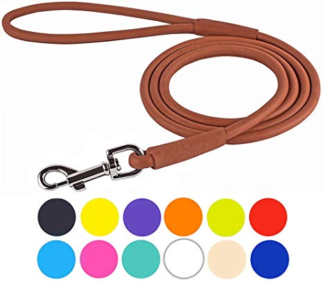 CollarDirect Rolled Leather Dog Leash Rope Soft Padded Training Lead Heavy Duty Leashes for Dogs Small Medium Large Puppy Black Blue Red Orange Green Pink White