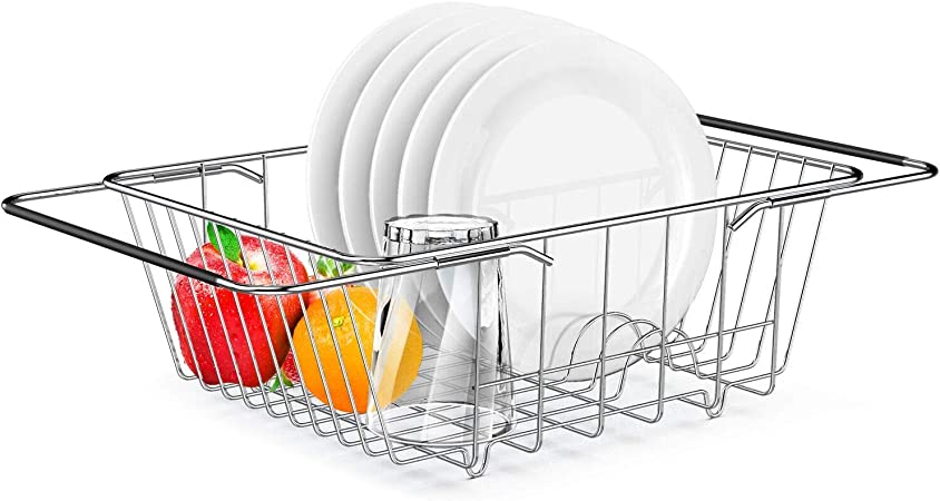 Expandable Dish Drying Rack, JOMARTO SUS304 Stainless Steel Dish Drainer with Plate Dividers and Adjustable Rubber Arms, Deep and Large Dish Storage Organizer Rack Over the Sink in Sink or On Counter