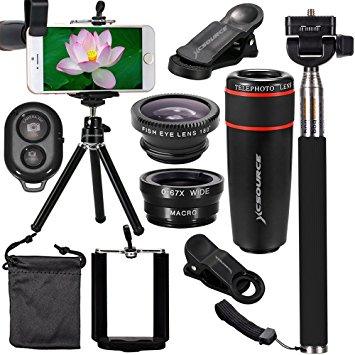 XCSOURCE 10 in 1 Mini Lens Kit 8x Telephoto Lens   Fish Eye Lens   Wide Angle   Macro Lens Selfie Stick Monopod   Bluetooth Remote Control   Mini Tripod For iOS / Andriod Smartphone XC311