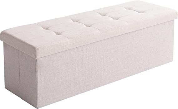 CUYOCA 45.3 Inches Storage Ottoman Bench Foldable Seat Footrest Shoe Bench End of Bed Storage, 166L Storage Upholstered Tufted Bench, Linen Fabric Cream