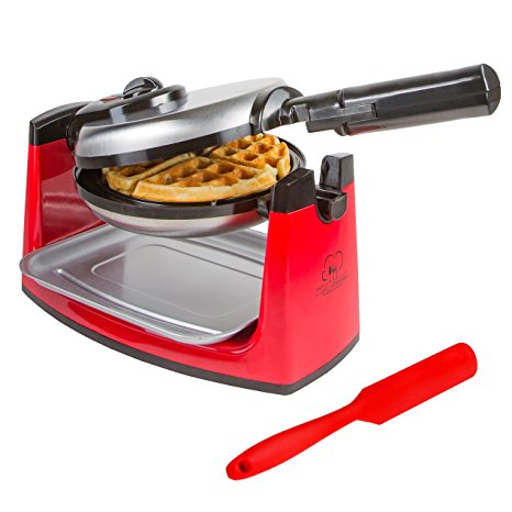 Rotating Belgian Waffle Maker - Classic Red & Stainless Steel - Adjustable Temperature Control & 180 Degree Flip Rotation – Includes User Guide, Gourmet Waffle Recipes, and FREE Bonus
