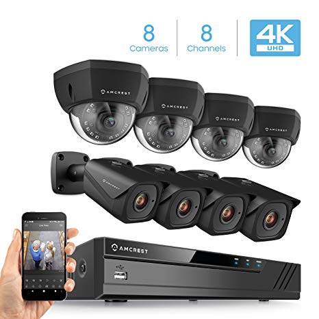 Amcrest 4K 8CH Security Camera System w/ 4K (8MP) NVR, (8) x 4K (8-Megapixel) IP67 Weatherproof Metal Bullet & Dome POE IP Cameras (3840x2160), 2.8mm Wide Angle Lens, 98ft Nightvision (Black)