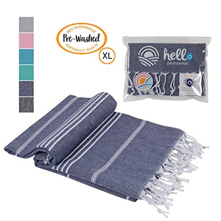 Hello Peshtemal Turkish Bath Towel, 39” x 71”, Ultra Soft and Super Absorbent Handwoven Cotton, Decorative, Beach, Pool, Gym, Picnic or Travel Use, Quick Dry Fabric, (Navy)