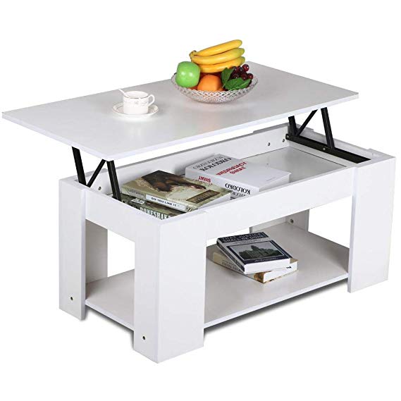 Yaheetech Grade E1 MDF & Iron Lift-up Top Coffee Table w/Hidden Storage Compartment & Shelf White