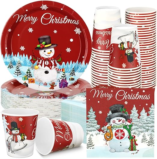 Skylety 200 Pcs Christmas Snowman Party Supplies Tableware Set Snowman Paper Disposable Dinnerware Serve 50 9'' Dinner Dessert Plate 50 9 oz Cup 100 Napkin for Xmas Winter Party Home Decoration