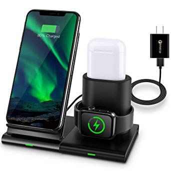 Wireless Charger Stand, 3 in 1 Detachable Wireless Charging Station Stand Compatible with Phone 11/11 Pro Max/XS/XR/Xs Max, iWatch Charging Dock Organizer for 1/2/3/4, Airpods 1,2 (No iWatch Cable)