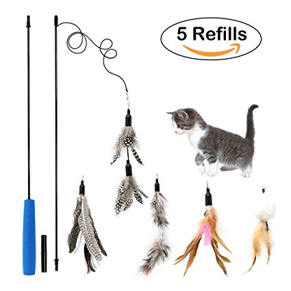 Bascolor Cat Toys Interactive Feather Teaser Wand Toy Set with 5 Refills Feathers Catcher for Cats Kitten