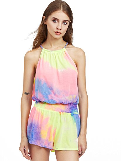 Romwe Women's Drawstring Halter Smocked Drop Waist Pastel Tie Dye Romper