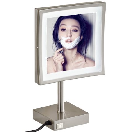 GuRun Square Tabletop Clear Makeup Mirrors with LED Lighted,3x Magnification,8.5 inch,Nickel M2205DN(8.5in,3x)