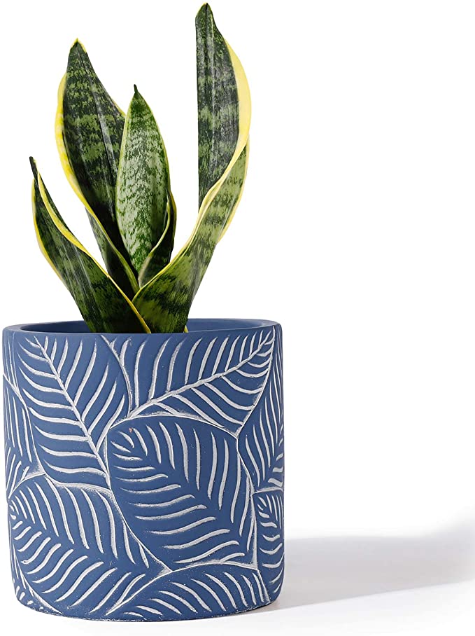 POTEY Cement Planter Flower Pot - 4.8 Inches Vintage Indoor Plants Containers Unglazed Medium Bonsai Concrete with Drain Hole - Navy, Geometry Embossment