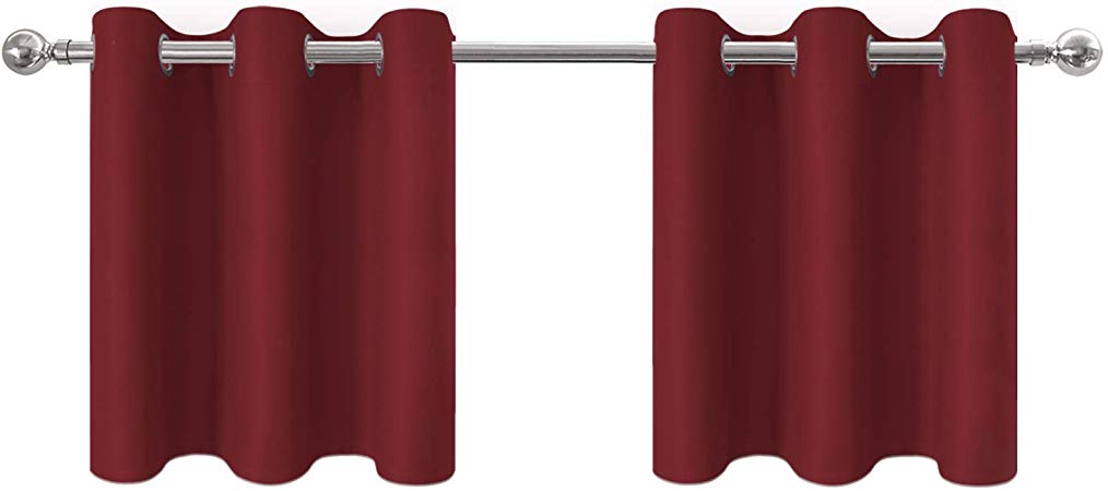 Aquazolax Short Curtains Blackout Valances for Kitchen - Home Decor Thermal Insulated Grommet Blackout Drapes Tailored Tier/Cafe Curtains, W42 x L24-Inch, Burgundy Red, 2 Panels